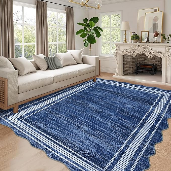 Garvee Scalloped Modern Abstract Area Rug 9x12 Large Washable Rug for Living Room, Non-Slip Soft Carpet for Bedroom, Scalloped Low-Pile Solid Print Rug for Dining Room Home Office, Navy Blue
