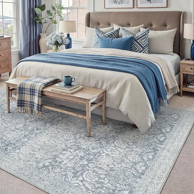 PureCozy Blue 5x7 Area Rug Washable Vintage Living Room Bedroom Carpet Indoor Non Slip Soft Low Pile Thin Rug Retro Accent Throw Office Dining Room