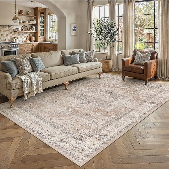 8x10 Washable Vintage Area Rug Coral Oriental Living Room Bedroom Throw Rug Neutral Non Slip Soft Low Pile Carpet for Dining Room Office Nursery Indoor
