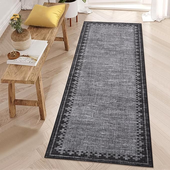 GarveeHome Modern Bordered Runner Rug 2x6 for Hallway Non Slip Low Pile Neutral Kitchen Runner Rugs Washable Bedroom Throw Carpet Geometric Cross Runners Mat for Living Room Nursery Laundry, Grey