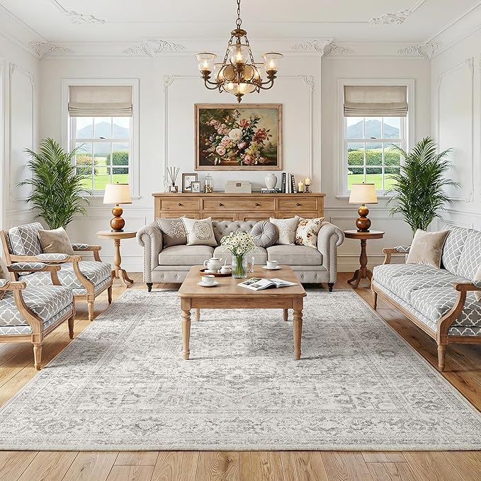 FMFUNCTEX 5x7 Washable Area Rug Neutral Vintage Grey Distressed Non Slip Low Pile Traditional Indoor Carpet for Living Room Bedroom Soft Gray Throw Rug for Dining Office Kitchen Dorm Entryway