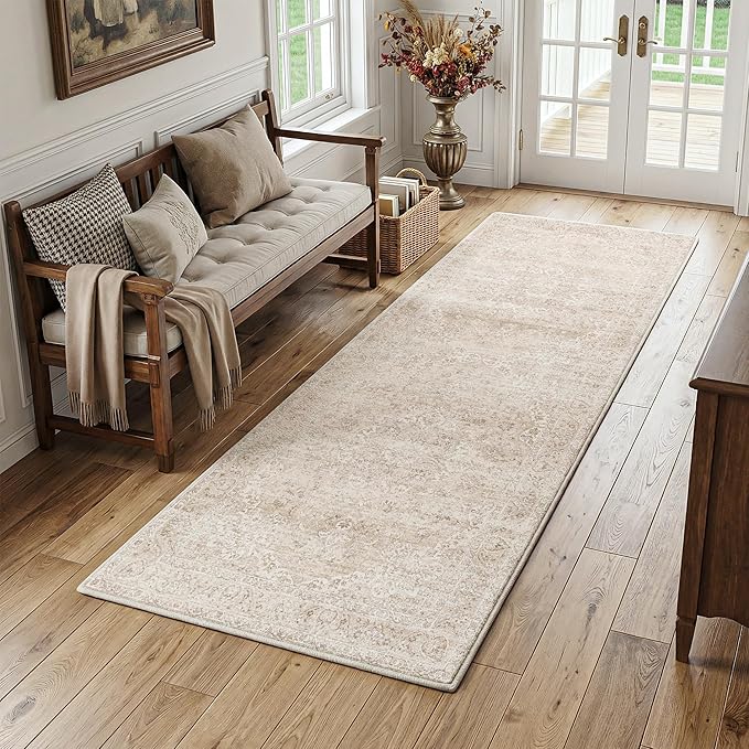 FMFUNCTEX 3x7 Hallway Runner Rug Beige Vintage Neutral Washable Distressed Non Slip Low Pile Indoor Carpet Soft Retro Entryway Rug for Kitchen Bathroom Laundry Entrance Living Room Bedroom Bedside