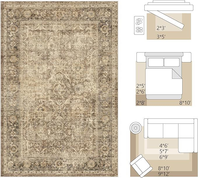 FMFUNCTEX 10x12 Washable Area Rug Brown Vintage Neutral Distressed Large Non Slip Carpet for Living Room Bedroom Soft Low Pile Indoor Mat Retro Floral Throw Rug for Dining Room Kitchen Office Nursery