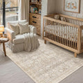 4x6 Beige Washable Neutral Area Rug Living Room Vintage Floral Non Slip Soft Thin Throw Rug Floral Distressed Stain Resistant Carpet Dining Room Kitchen Bedroom Playroom Office
