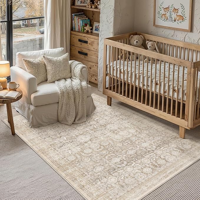 4x6 Beige Washable Neutral Area Rug Living Room Vintage Floral Non Slip Soft Thin Throw Rug Floral Distressed Stain Resistant Carpet Dining Room Kitchen Bedroom Playroom Office