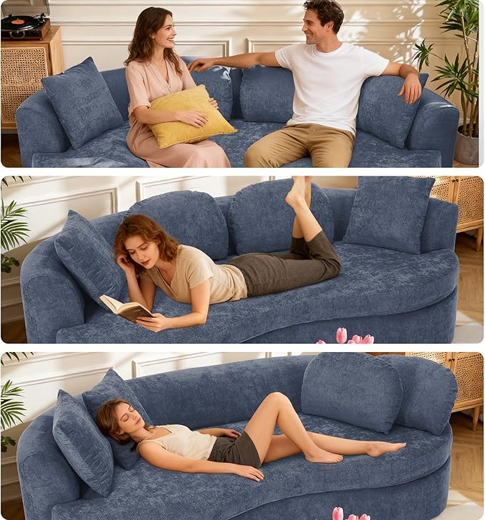 95” Modern Curved Sofa, Chenille Fabric Comfy Cloud Couch, No Assembly Required Half Moon Couch with Deep Seat, 4 Pillows for Living Room, Apartment, Bedroom