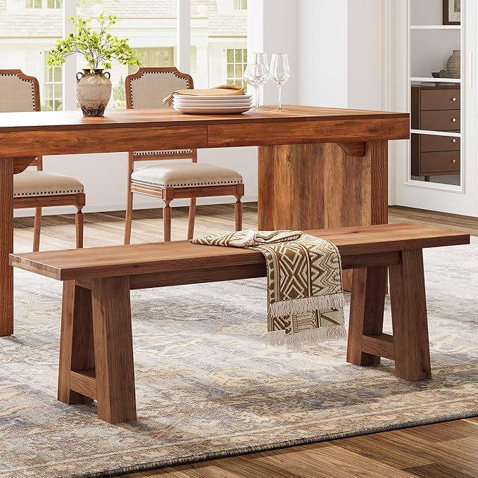 Solid Wood Dining Bench Pair of 2, 55.12-Inch Farmhouse Entryway Bench Indoor for Hallway, Kitchen, Dining Room, Living Room (Brown)