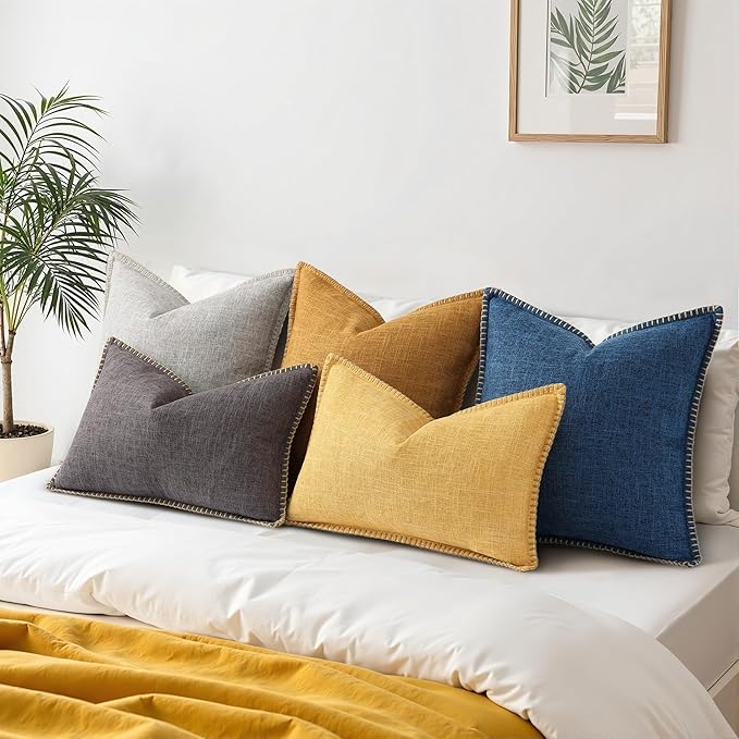 decorUhome Summer Decorative Throw Pillow Covers 22x22 Set of 2 Faux Linen Farmhouse Euro Sham Pillow Covers with Stitched Edge Outdoor Neutral Pillow Covers for Couch Sofa Living Room, Dark Grey