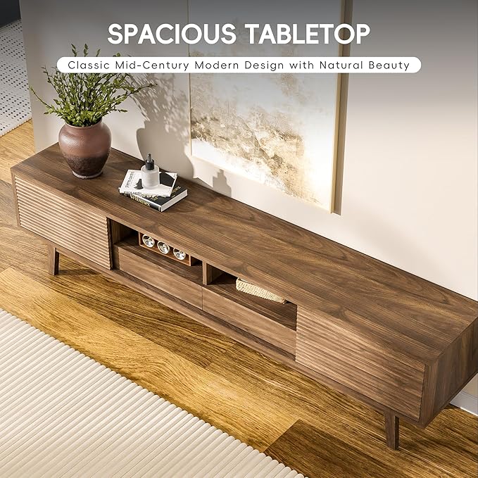 MU 70 Inch TV Stand for TVs up to 80 Inch, Mid Century Modern TV Console with Fluted Sliding Doors, Shelves & Drawers, Low Profile Entertainment Center for Living Room (Walnut, 70")