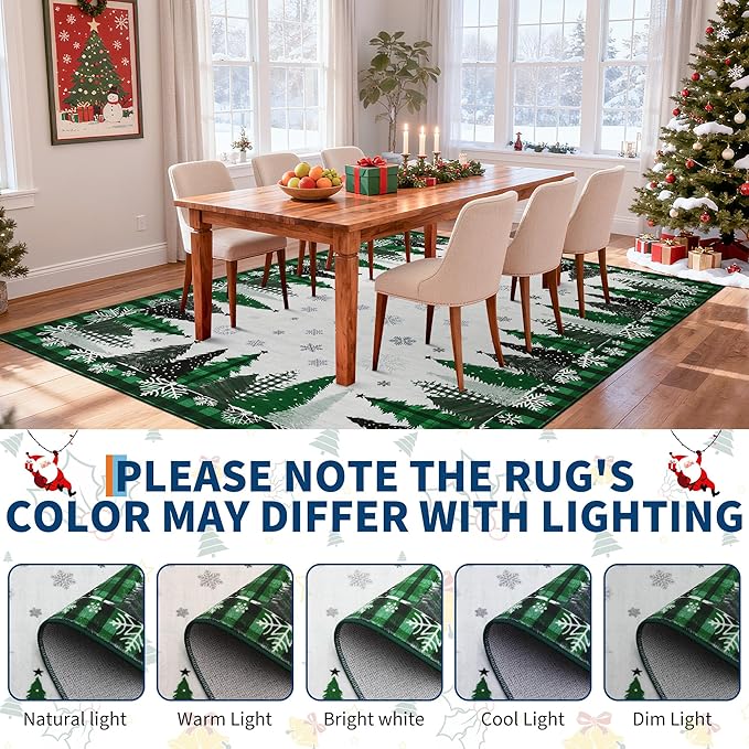 Garvee Christmas Bedroom Rugs 5x7 Winter Holiday Rugs Mats, Stain-Resistant Xmas Tree Snowflake Accent Carpet, Washable Plaid Indoor Rug, Easy to Clean, for Nursery, Kitchen, Green