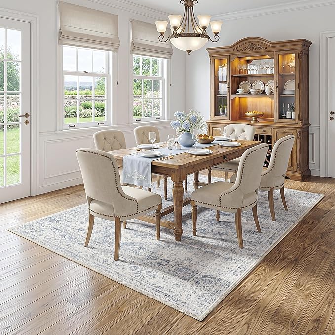 FMFUNCTEX 5x7 Washable Area Rug Blue Neutral Vintage Distressed Non Slip Low Pile Traditional Indoor Carpet for Living Room Bedroom Soft Retro Mat Throw Rug for Dining Office Kitchen Dorm Entryway