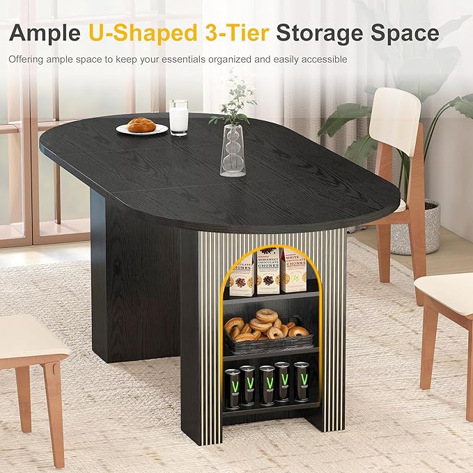 weselon 70.8" Oval Dining Table with Dual Side Storage Shelves, Wooden Table for 4–6 People, Modern Farmhouse Round Dinner Table for Kitchen, Reception, or Living Room (Black, Table Only)