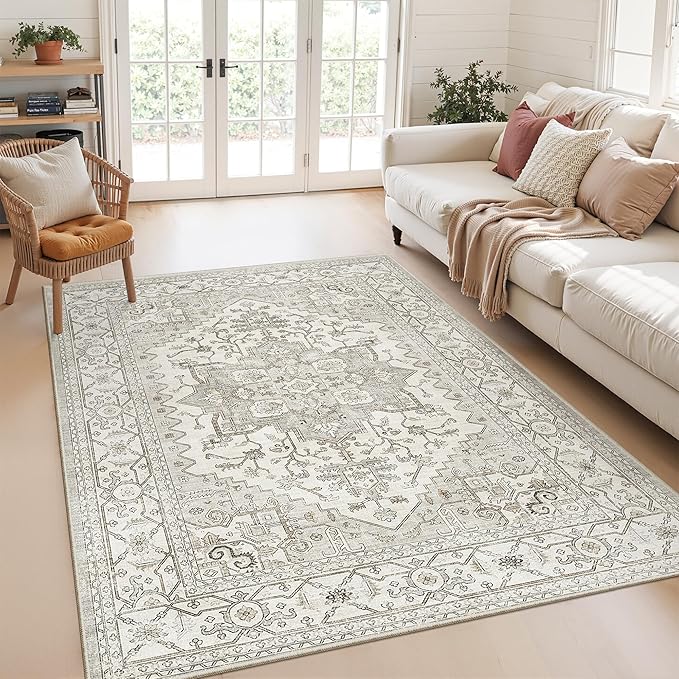 Area Rugs for Living Room - 3x5, Boho Non-Slip Low Pile Carpet Machine Washable Rugs for Bedroom, Farmhouse, Office, Dining Room (Beige)