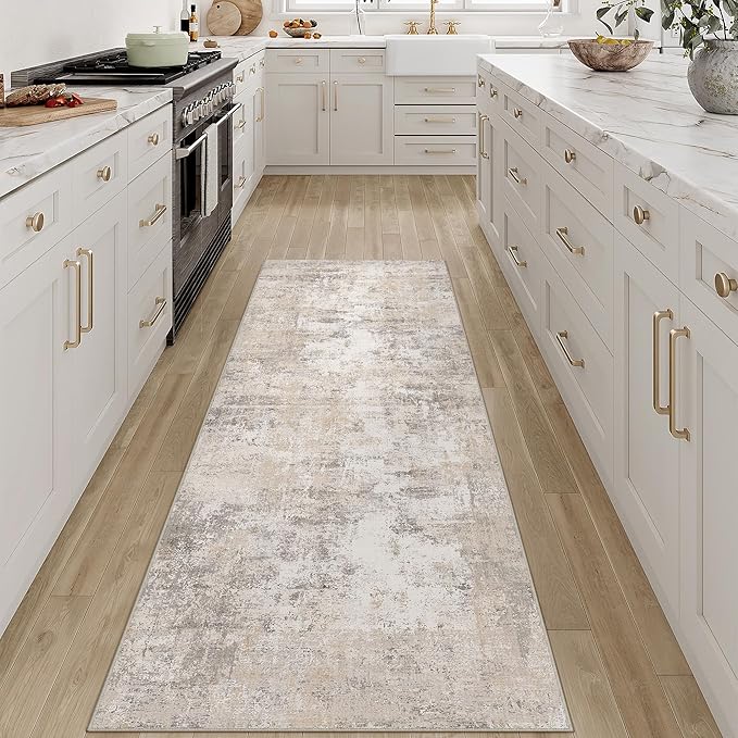 2x6 Washable Runner Rug Beige Grey Abstract Non Slip Soft Low Pile Hallway Kitchen Rug Neutral Modern Carpet for Laundry Bathroom Bedroom Living Room Home Decor