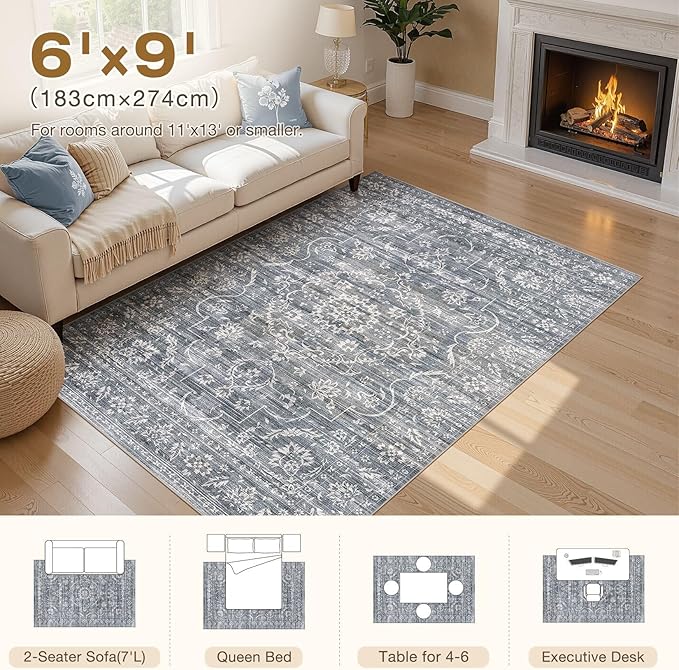 6x9 Area Rug Living Room: Washable Large Vintage Grey Rug Neutral Non-Slip Soft Stain Resistant Indoor Carpet for Bedroom Nursery Dining Room Under Table Bed Home House Office Playroom - Retro Blue