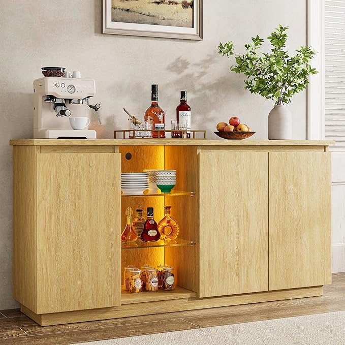 iPormis Sideboard Buffet Cabinet with Storage & LED Lights, Credenza Sideboard with Doors and Adjustable Shelves, 60" Coffee Bar Table Storage Cabinet for Dining Room Kitchen Living Room, Natural