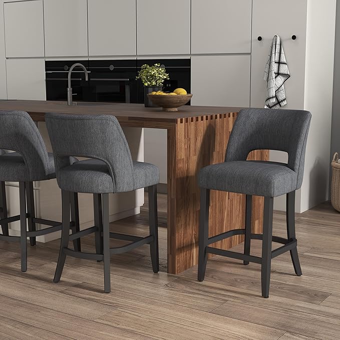 VKNOW Bar Stools Set of 2, 26" Upholstered Counter Height Bar Stools, Modern Counter Stools with Black Legs for Kitchen Island Dining Room Bar, Dark Grey-Black Legs