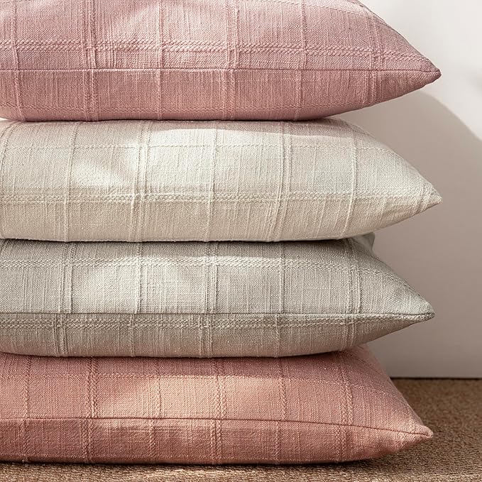 Foindtower Set of 2 Decorative Linen Check Throw Pillow Covers Neutral Farmhouse Vintage Cushion Covers Modern Boho Accent Home Decor for Sofa Chair Couch Bedroom Living Room,18×18 Inch,Coral Pink