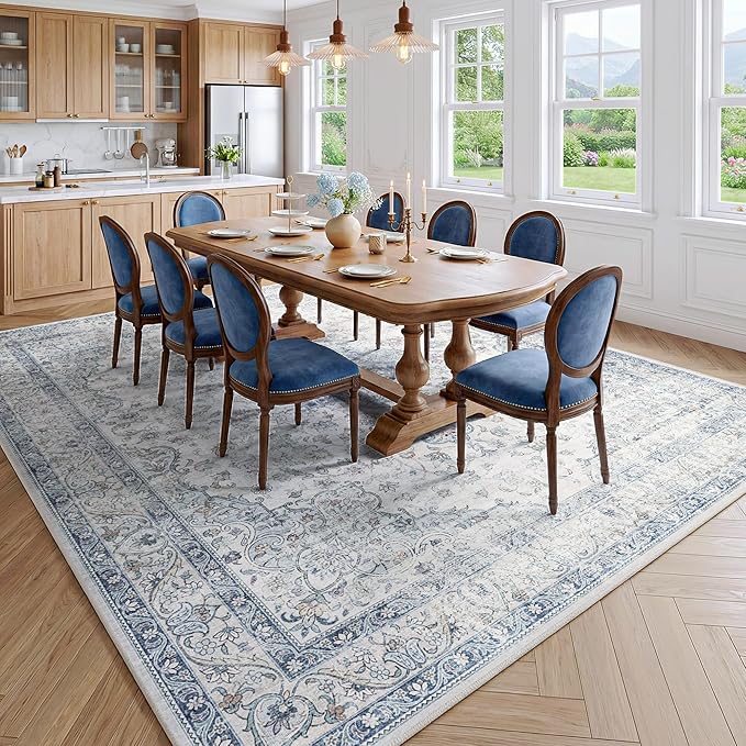 FMFUNCTEX 8x10 Blue Washable Area Rug Vintage Distressed Oriental Non Slip Low Pile Neutral Indoor Carpet for Living Room Bedroom Soft Retro Floral Thin Large Rug for Dining Nursery Office Dorm