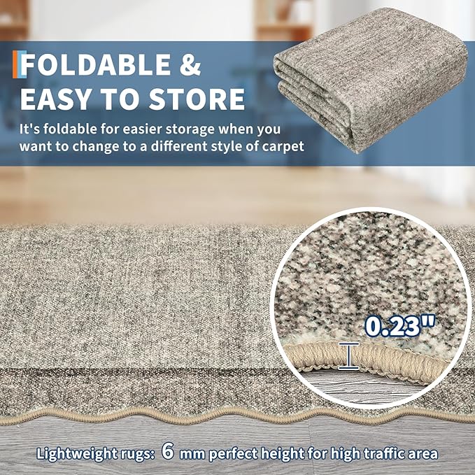 GarveeHome Scalloped Washable Rug 8x10 Rugs for Living Room Modern Bedroom Rug Large Area Rug Non Slip Throw Rugs Soft Low Pile Stain Resistant Carpet for Nursery Classroom Dining Room 8'x10' Brown