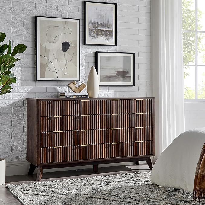T4TREAM Fluted 8 Drawers Dresser, 54" Wide Modern Chest of Drawers, Curved Profile Design, Dresser TV Stand, Wood Drawer Organizer for Bedroom, Living Room, Hallway, Dark Walnut
