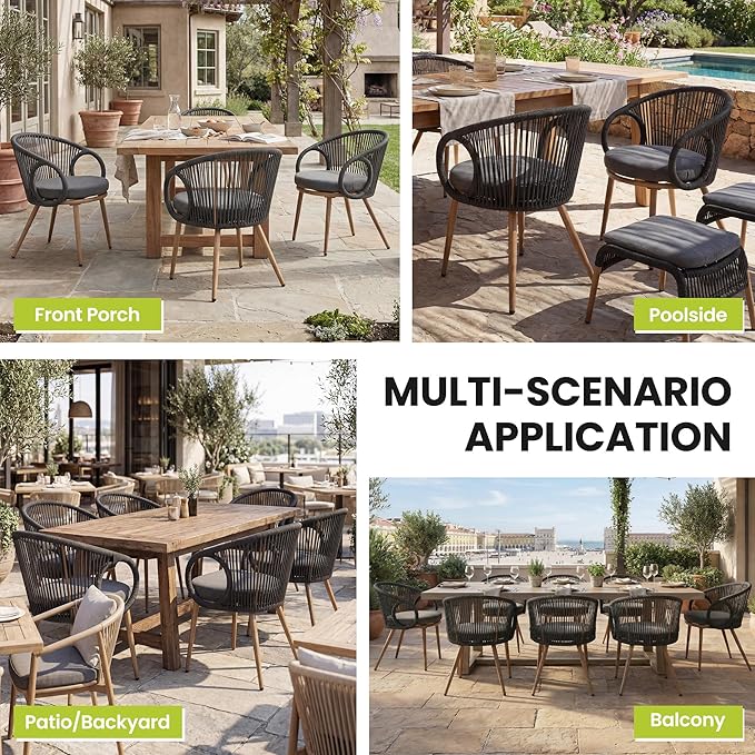 Modern Outdoor Dining Chair Set of 4 with Cushion, Scandinavian Rope Woven Patio Armchairs, Wood-Look Metal Frame, Weather-Resistant Balcony Backyard Dining Seating, Dark Grey