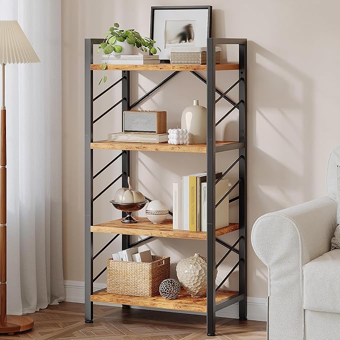 DurayLoly 4 Tier Bookshelf, Industrial Bookcase with Metal Frame and Sidebars, Small Bookshelf for Bedroom, Home Office and Living Room, Rustic Brown
