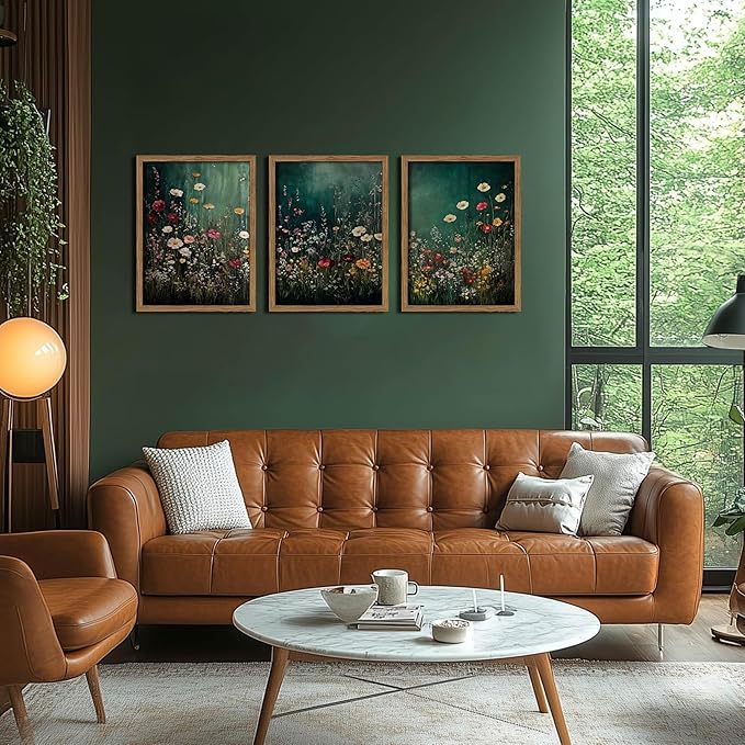 Vintage Wildflower Wall Art Set of 3, Moody Dark Green Flower Botanical Wall Decor Paintings,Nature Floral Farmhouse Landscape Posters Prints Pictures for Living Room Bedroom 12x16 Inch Wood Framed