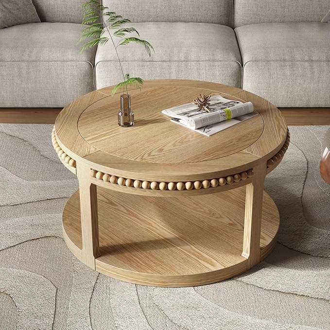 31.5" Round Wood Coffee Table, 2 Tier Modern Center Table,Solid Wood+MDF, Easy Assembly, Accent Table for Living Room, Apartment, Small Space. (Natural Wood)