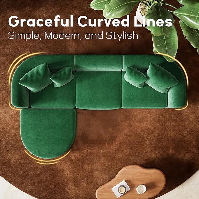 116" Modular Sectional Couches with Ottoman, Luxury Modern Curved Back Sofa, Minimalist Style Oversized 4 Seat Deep Comfy Convertible L Shape Boneless Couch for Living Room Studio Apartment, Green