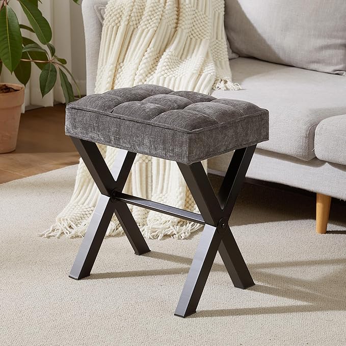 Royal Windsor Vanity Stool,Square Ottoman Stool Foot Rest,Upholstered Vanity Chair Foot Stool with Metal X Legs, Small Vanity seat for Entryway,Bedroom and Living Room,Linen Dark Grey