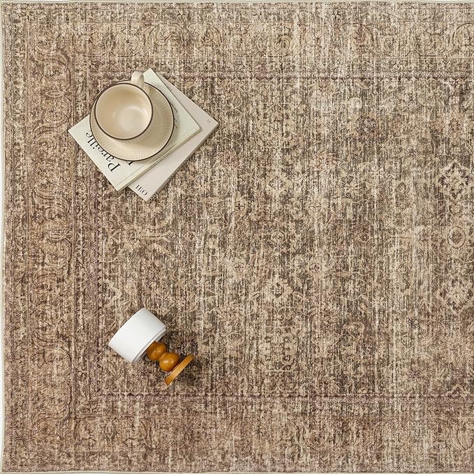 PureCozy 5x7 Area Rug Brown Machine Washable Living Room Bedroom Vintage Distressed Non Slip Carpet Indoor Low Plie Thin Dining Room Office Retro Accent Throw Rug