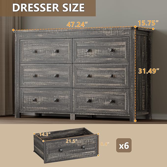 BORNOON 6-Drawer Dresser, Modern Wooden Storage Chest of Drawers, Dresser TV Stand, Wood Drawer Organizer with Metal Handles for Bedroom, Living Room, Hallway