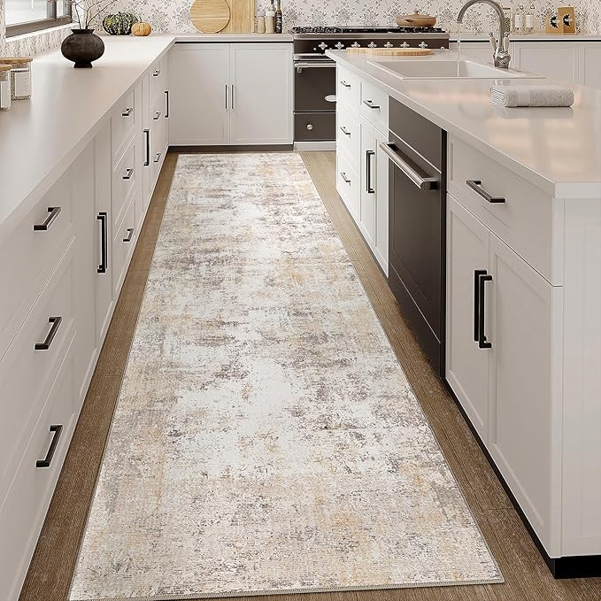 3x14 Washable Runner Rug Beige Grey Abstract Non Slip Soft Low Pile Hallway Kitchen Rug Neutral Modern Carpet for Laundry Bathroom Bedroom Living Room Home Decor