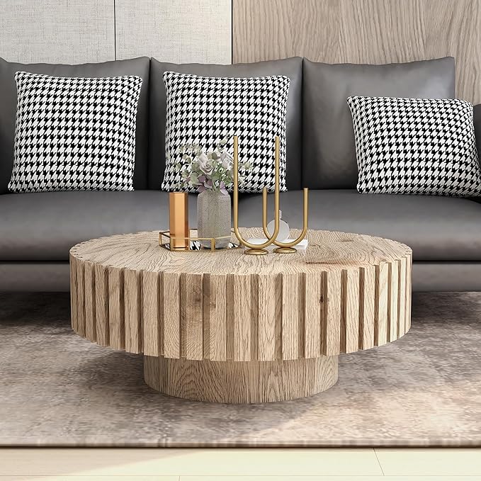 Round Wood Coffee Table for Living Room Modern Rustic Fluted Solid Wood Coffee Table Pedestal Center Table Circle Tea Tables for Apartment Easy Assembly(31.5''Oak Natural)