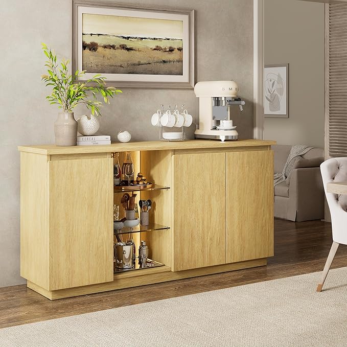 iPormis Sideboard Buffet Cabinet with Storage & LED Lights, Credenza Sideboard with Doors and Adjustable Shelves, 60" Coffee Bar Table Storage Cabinet for Dining Room Kitchen Living Room, Natural