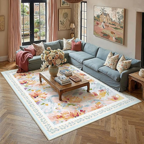 9x12 Area Rug Blue Living Room Bedroom Floral Throw Rug Abstract Modern Non Slip Soft Low Pile Large Carpet for Dining Room Office Nursery Indoor