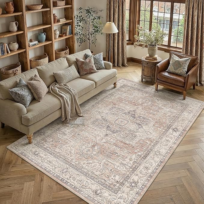 6x9 Washable Vintage Area Rug Coral Oriental Living Room Bedroom Throw Rug Neutral Non Slip Soft Low Pile Carpet for Dining Room Office Nursery Indoor