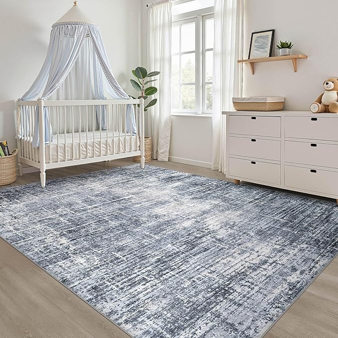 9x12 Area Rug Living Room: Washable Large Neutral Navy Rug Abstract Soft Modern Stain Resistant Indoor Floor Non-Slip Carpet for Bedroom Nursery Kids Office Playroom Dining Room Under Table Home
