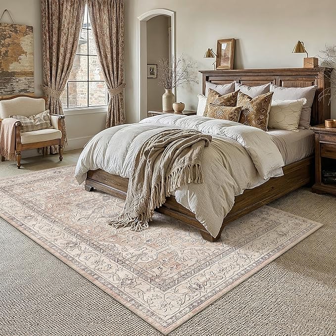 8x10 Washable Vintage Area Rug Coral Oriental Living Room Bedroom Throw Rug Neutral Non Slip Soft Low Pile Carpet for Dining Room Office Nursery Indoor