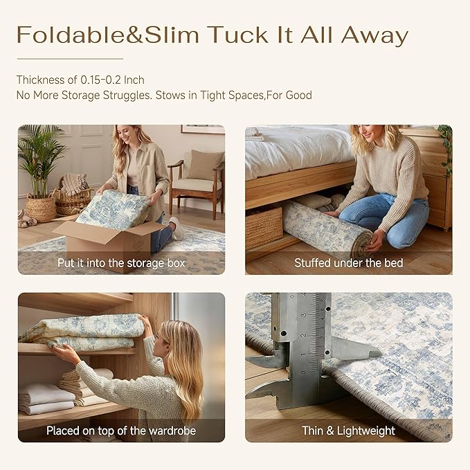 4x6 Washable Neutral Area Rug Blue Vintage Entryway Office Carpet Non-Slip Soft Low Pile Farmhouse Indoor Throw Rug for Living Room Bathroom Dining Room