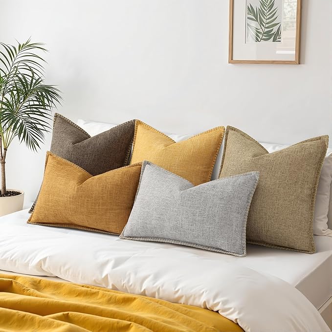 decorUhome Summer Decorative Throw Pillow Covers 20x20 Set of 2 Square Faux Linen Farmhouse Pillow Covers with Stitched Edge Outdoor Neutral Pillow Covers for Couch Sofa Living Room, Chocolate