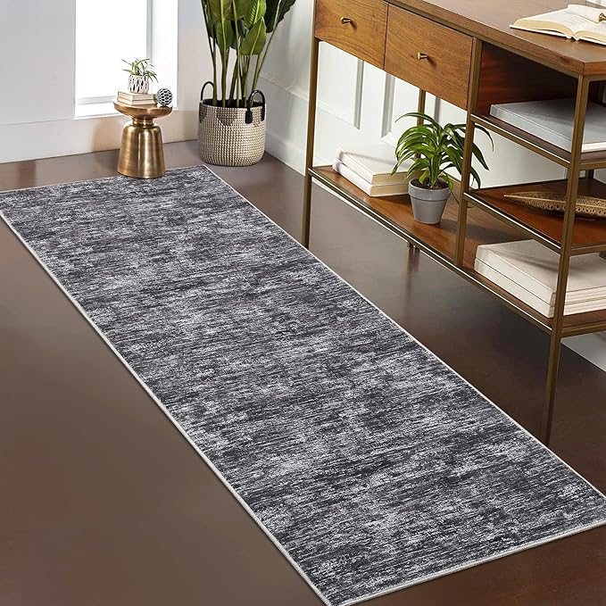 RUGSREAL Modern Runner Rug 2.5x8 Stain Resistant Washable Kitchen Runner Carpet ith Rubber Backing Low Pile Contemporary Solid Color Entryway Mat Ultra Soft Rug for Living Room Bedroom, Dark Grey