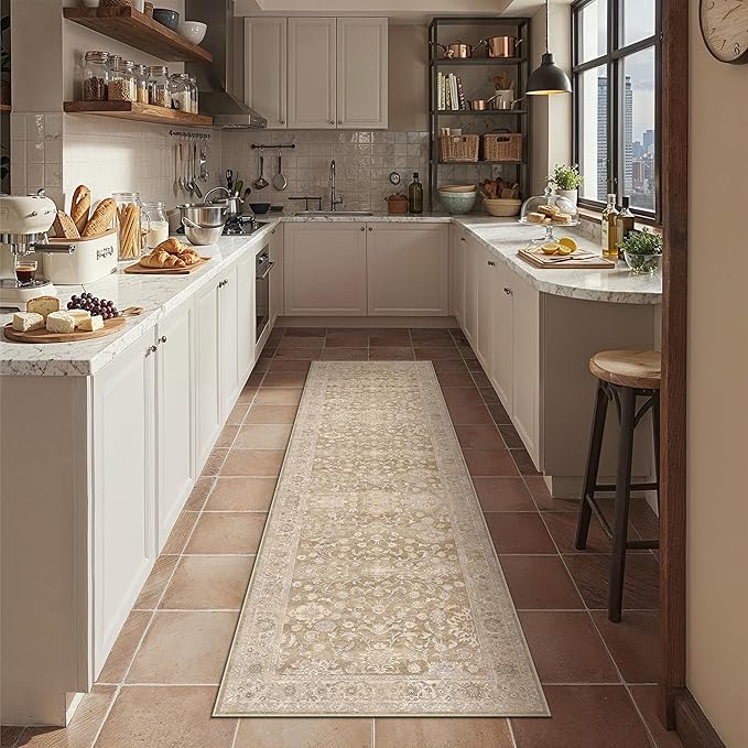2x8 Taupe Washable Runner Rug for Living Room Bedroom Neutral Soft Floral Non Slip Runner Rug Lightweight Vintage Low Pile Distressed Runner Kitchen Hallway Porch Beside Bed Bathroom