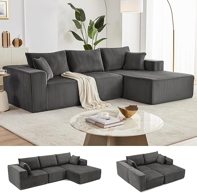 Weture 108” Modular Sectional Sofa, Cloud Sectional Couch with Deep Seat, Modern Modular L-Shape Sofa with Chaise,Upholstered Boneless Couches for Living Room Bedroom (Corduroy, Darkgrey)