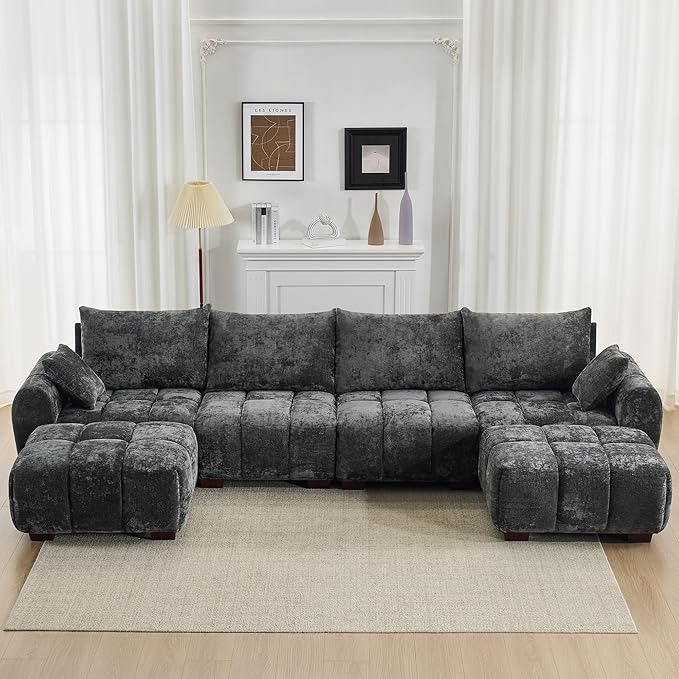 143" Oversized U Shaped Couch, Large Chenille Cloud Couch with Two Movable Ottomans, Memory Foam and Solid Wood Legs, Mid Century Modern Modular Sectional Couches for Living Room, Tufted Sofa, Grey