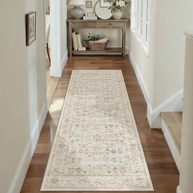 2x6 Beige Washable Neutral Runner Rug for Living Room Soft Floral Non Slip Runner Area Rug Modern Low Pile Stain Resistance Indoor Carpet Doormat Hallway Kitchen Stair Bedroom Bathroom