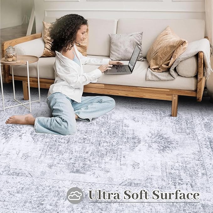 XLUEZ Area Rug 9x12 Living Room Rug, Machine Washable Vintage Distressed Medallion Rug Non-Slip Soft Low Pile Large Indoor Rugs for Bedroom Kitchen Dining Room Office(LightGrey,9'x12')