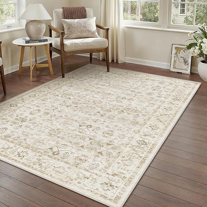 3x5 Beige Washable Neutral Area Rug for Living Room Soft Floral Non Slip Throw Rug Modern Low Pile Stain Resistance Doormat Distressed Carpet Entrance Laundry Room Bedroom Office