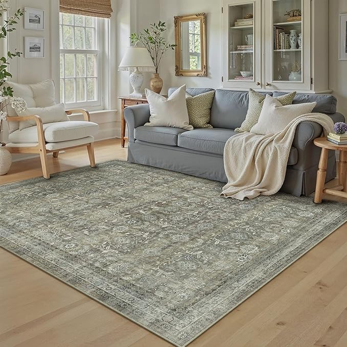 5x7 Washable Neutral Area Rug for Living Room Floral Non Slip Low Pile Throw Rug Vintage Traditional Stain Resistant Carpet Bedroom Kitchen Playroom Office Dining Room